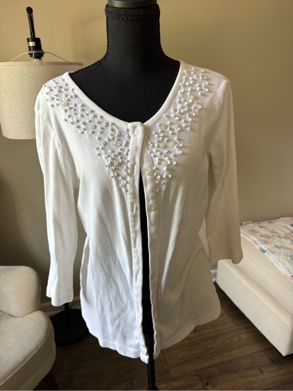 Christopher & Banks White Beaded Button-Front Cardigan